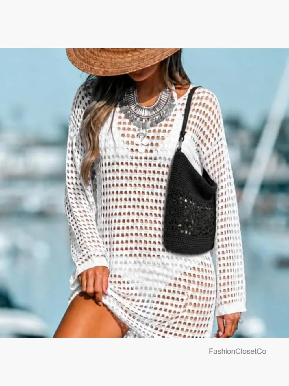 Crochet Hobo Bag Woven Boho Shoulder Purse Handbag with Leather Strap